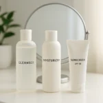 A clean, minimalist skincare setup featuring three labeled products—cleanser, moisturizer, and sunscreen—on a white bathroom counter with a round mirror and soft natural lighting in the backgroun