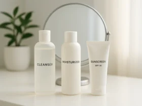 A clean, minimalist skincare setup featuring three labeled products—cleanser, moisturizer, and sunscreen—on a white bathroom counter with a round mirror and soft natural lighting in the backgroun