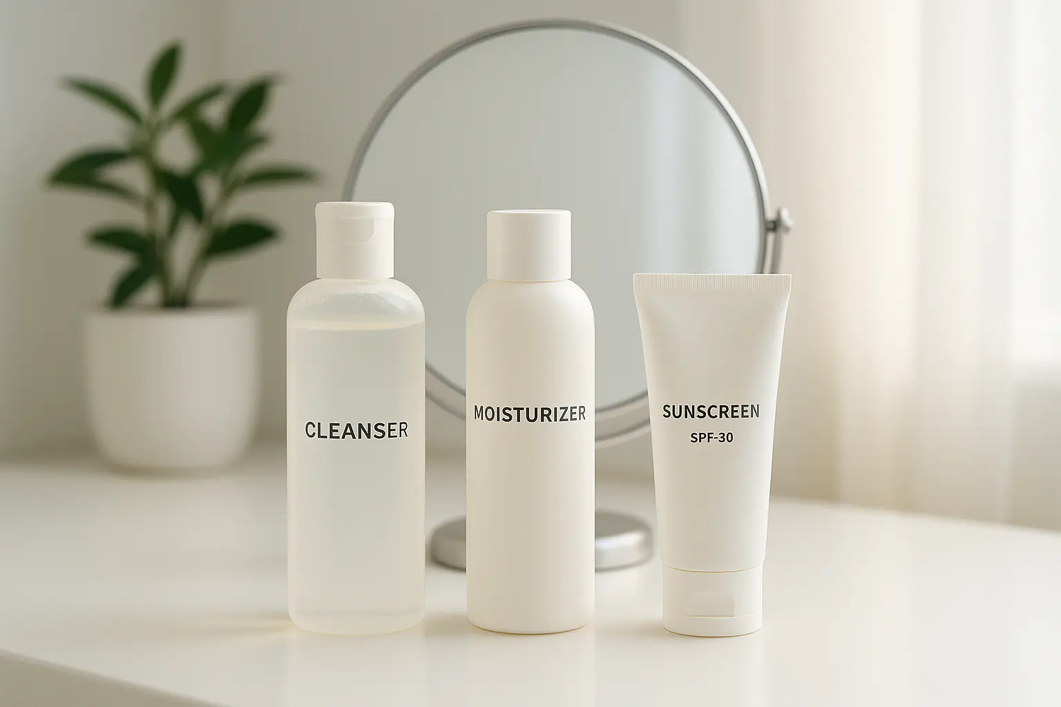 A clean, minimalist skincare setup featuring three labeled products—cleanser, moisturizer, and sunscreen—on a white bathroom counter with a round mirror and soft natural lighting in the backgroun